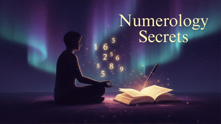 Numerology Secrets book cover with cosmic background, glowing numbers 1-9, 11, 22, 33, and meditation silhouette