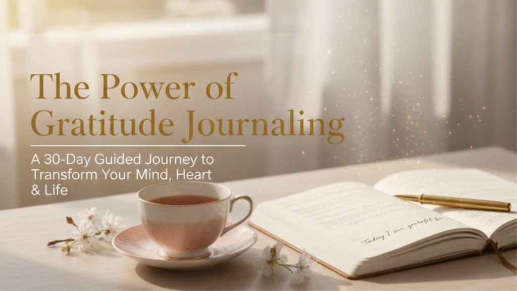 Open journal with morning sunlight, tea cup, and lotus petals — The Power of Gratitude Journaling by Deepali.