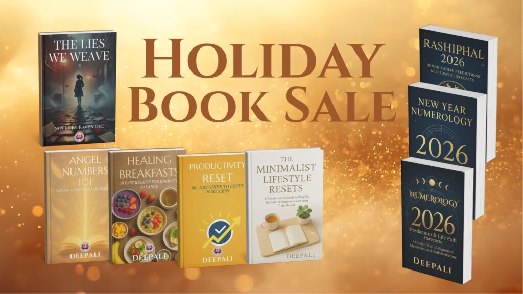 Holiday-themed panoramic book sale banner featuring multiple stacked and floating ebooks across genres including YA thriller, spirituality, numerology, cooking, healing, and productivity, with glowing golden lights, soft snow bokeh, and elegant text announcing a 50% off Smashwords End of Year Sale, presented in a premium modern luxury design.