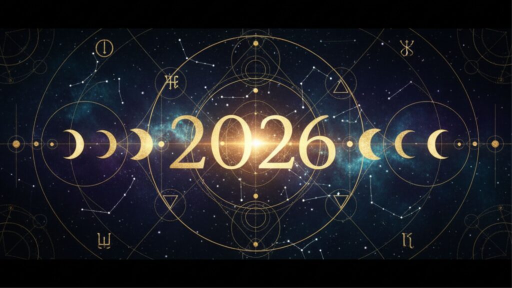 Create a wide celestial-themed banner in luxury style. A deep black-to-midnight-blue cosmic gradient fills the background, with soft glowing stars, constellations, and a faint nebula texture. Add thin metallic gold sacred geometry lines, moon phases, and numerology symbols integrated subtly across the banner. Center (or left-align) a glowing gold “2026” with ethereal light rays behind it and abstract numerology patterns surrounding it. The style is elegant, mystical, premium, and modern—matching bestseller numerology and astrology branding. No humans. No text except “2026.”