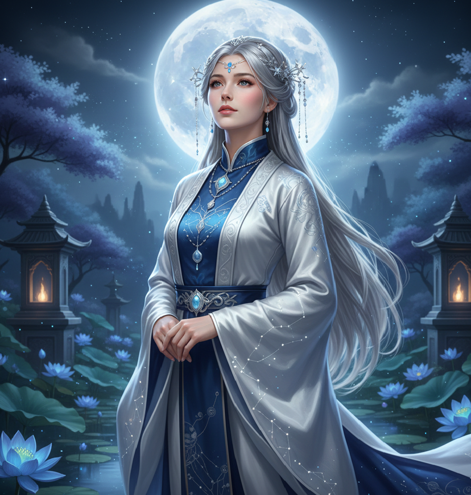 Selunara A young woman raised as a mortal, bearing a lotus seal that hides her true celestial identity. Gentle yet powerful, she stands at the heart of prophecy.